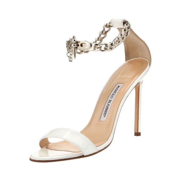 Manolo Blahnik Shoes - SOLD Manolo Blahnik Chaos Chain-Wrap White Patent Sandal Heels Size 39/9